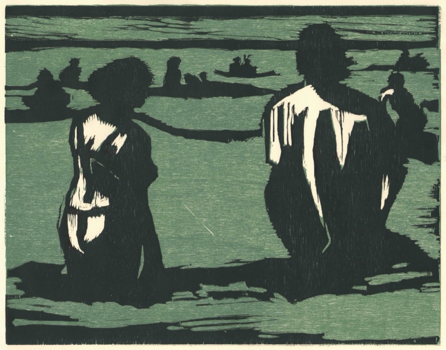 Les Spectateurs, À la plage, 2001, bois gravé 50 x 70 cm