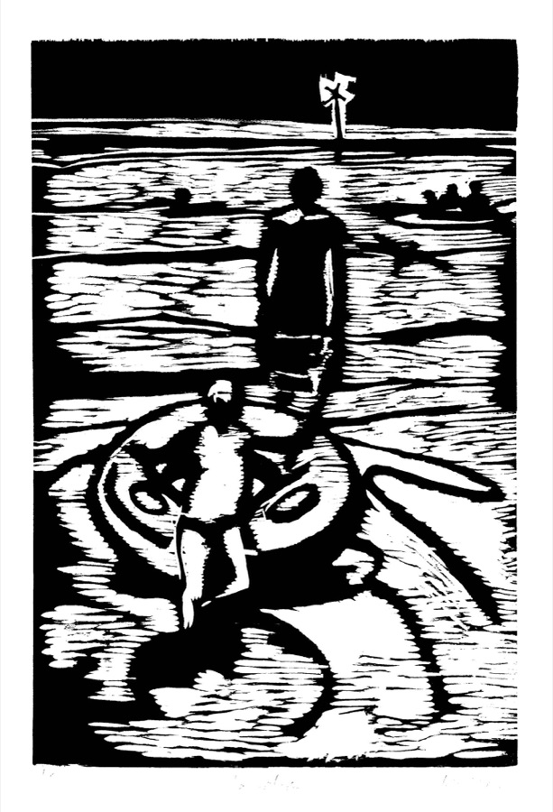 La Balise, série À la plage, 2001, bois gravé, 70,5 X 47 cm