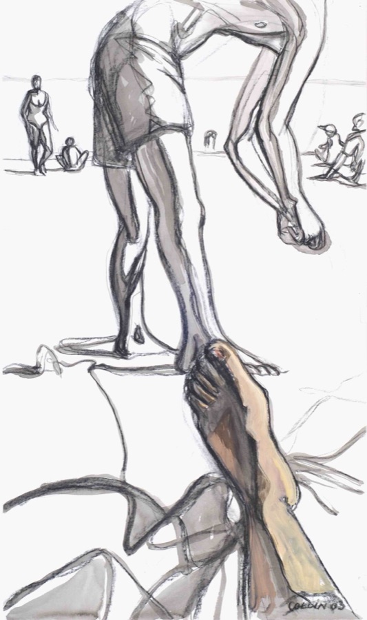 À la plage, 2003, fusain, encre et tempéra sur papier, extrait d'une frise de soixante dessins, chaque feuille 105 x 60 cm, 1
