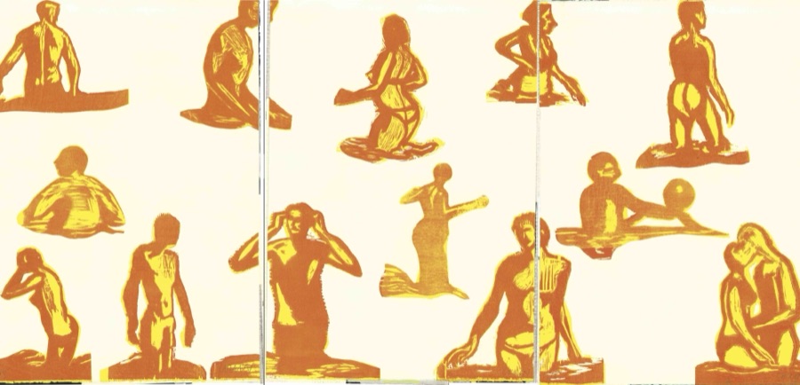 Baigneurs, 2001, triptyque, tampons en bois gravé, deux couleurs, 90 x 189 cm .eps