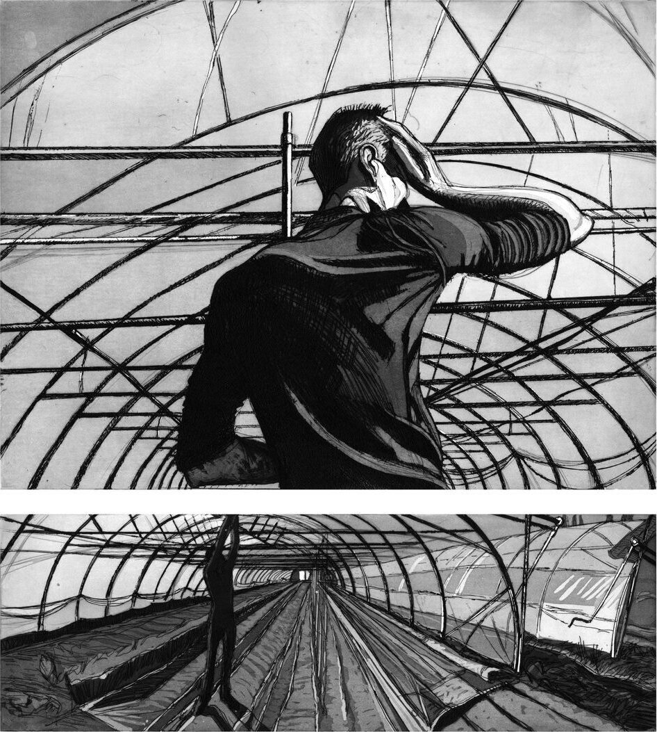 Romain Gléran, maraîcher en agriculture biologique, Saint Jean du doigt, Série "Figures du Littoral", 2016-2017, eau-forte et pointe sèche, en 2 plaques, 40 x 60 cm le portrait , 20 x 60 cm la prédelle