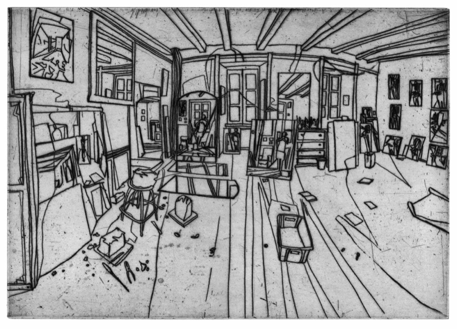 Atelier à Conleau, planche 1, version I, 2001, eau-forte au trait, 38,5 x 55 cm