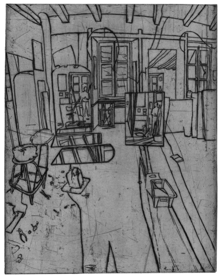 Atelier à Conleau, planche III, version I, 2001, eau-forte au trait, 51 x 40 cm