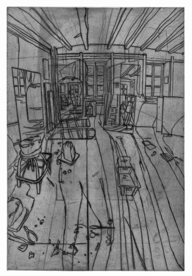 Atelier à Conleau, planche IV, version I, 2001, eau-forte au trait, 69,5 x 46,5 cm