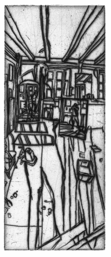 Atelier à Conleau, planche V, version I, 2001, eau-forte au trait, 20 x 10 cm
