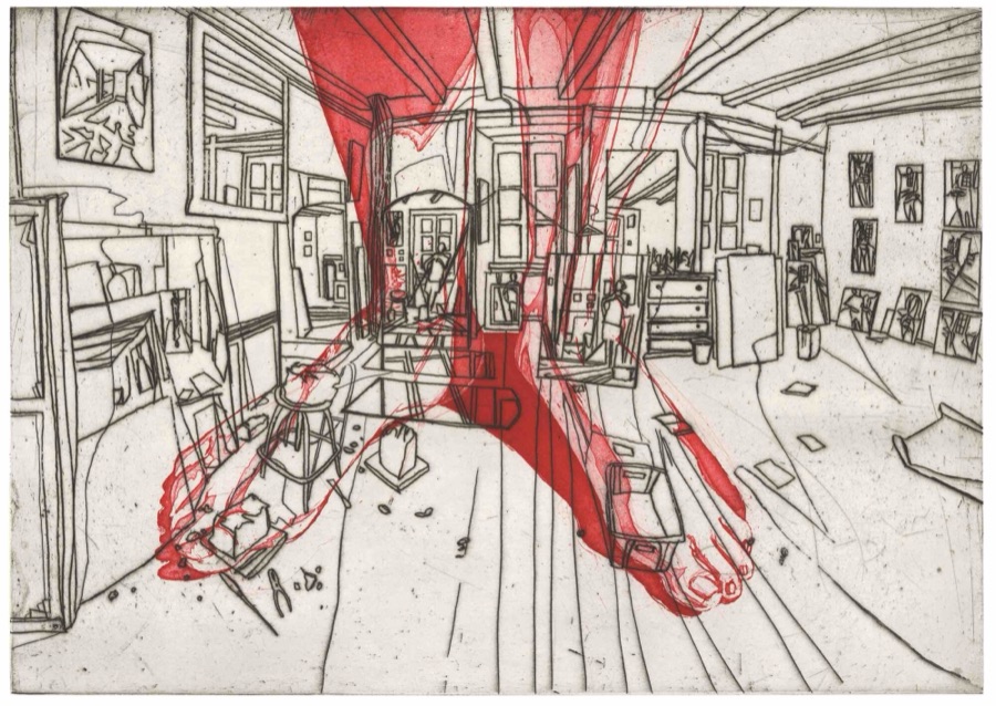 Atelier visité I, Les Pieds rouges, 2001-2004, eau-forte, deux passages avec Atelier à Conleau I, 38,5 x 55 cm