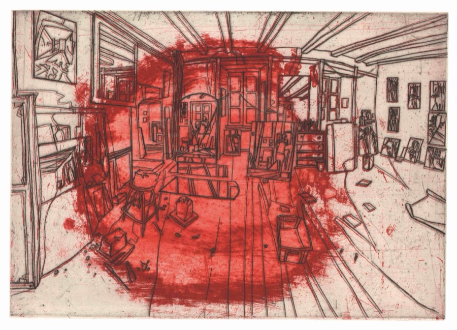 Atelier visité II, La tache rouge, 2001-2004, eau-forte, deux passages avec Atelier à Conleau I, 38,5 x 55 cm