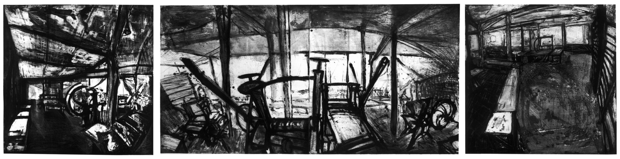 Atelier Lacourière-Frélaut II, triptyque.1985-1987, eau-forte et pointe sèche, 100 x 400 cm, en quatre plaques