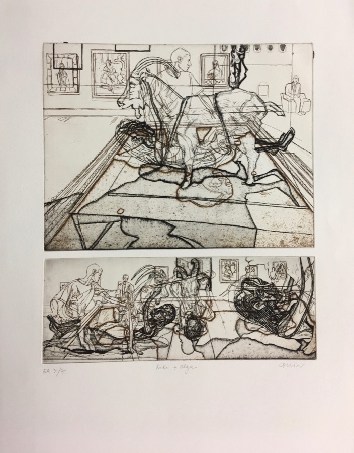 Kiki + Olga - série Au Musée, 2010, eau-forte, en 2 passages, 30 X 40 cm et prédelle 15 x 40 cm