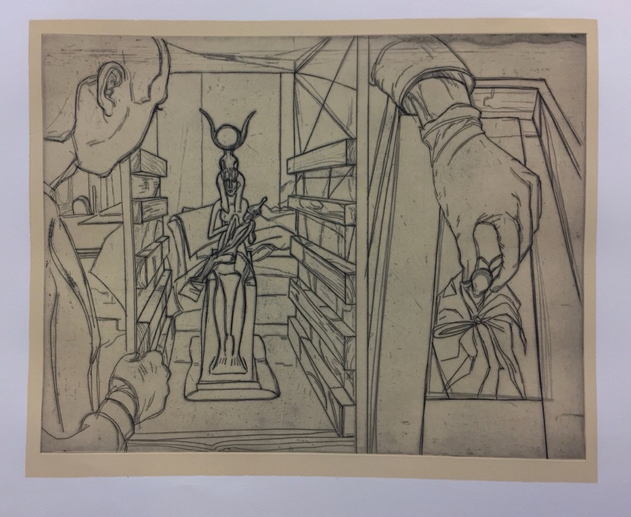 Isis et Osiris - réserve du Louvre, 2009, eau forte + roulage, 1er état, 30 X 40 cm - Commande de LP Art