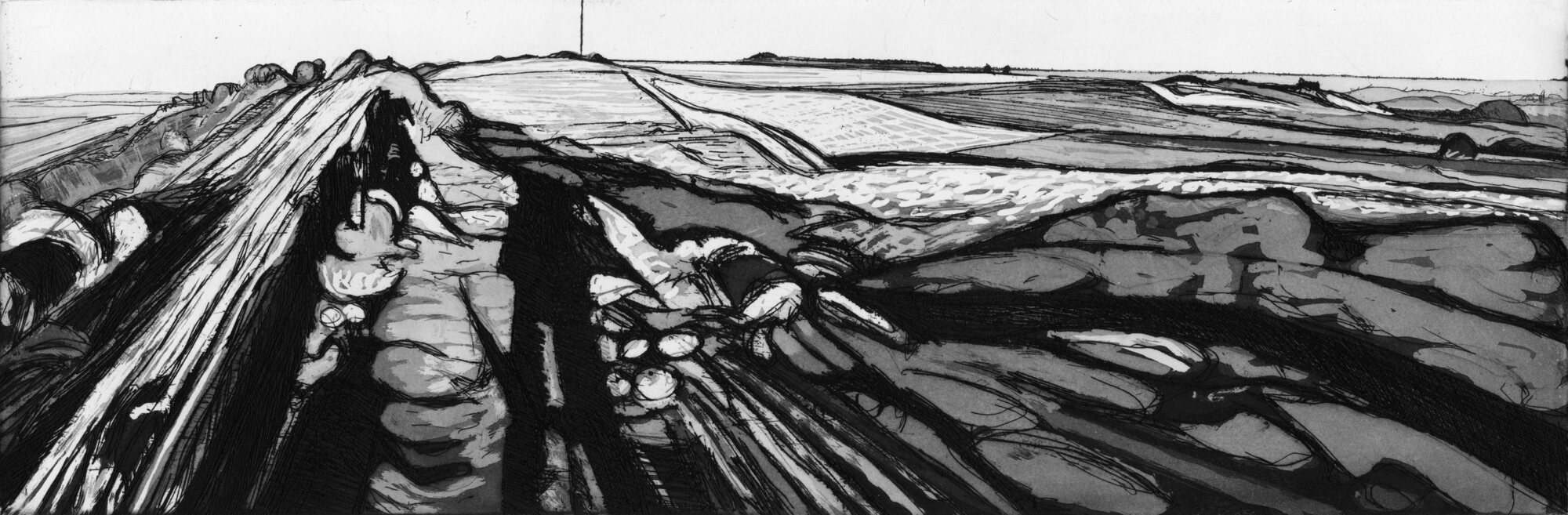Col du Trédudon -Barnenez planche 71, 2016, eau-forte, et monotype, 20 X 60 cm
