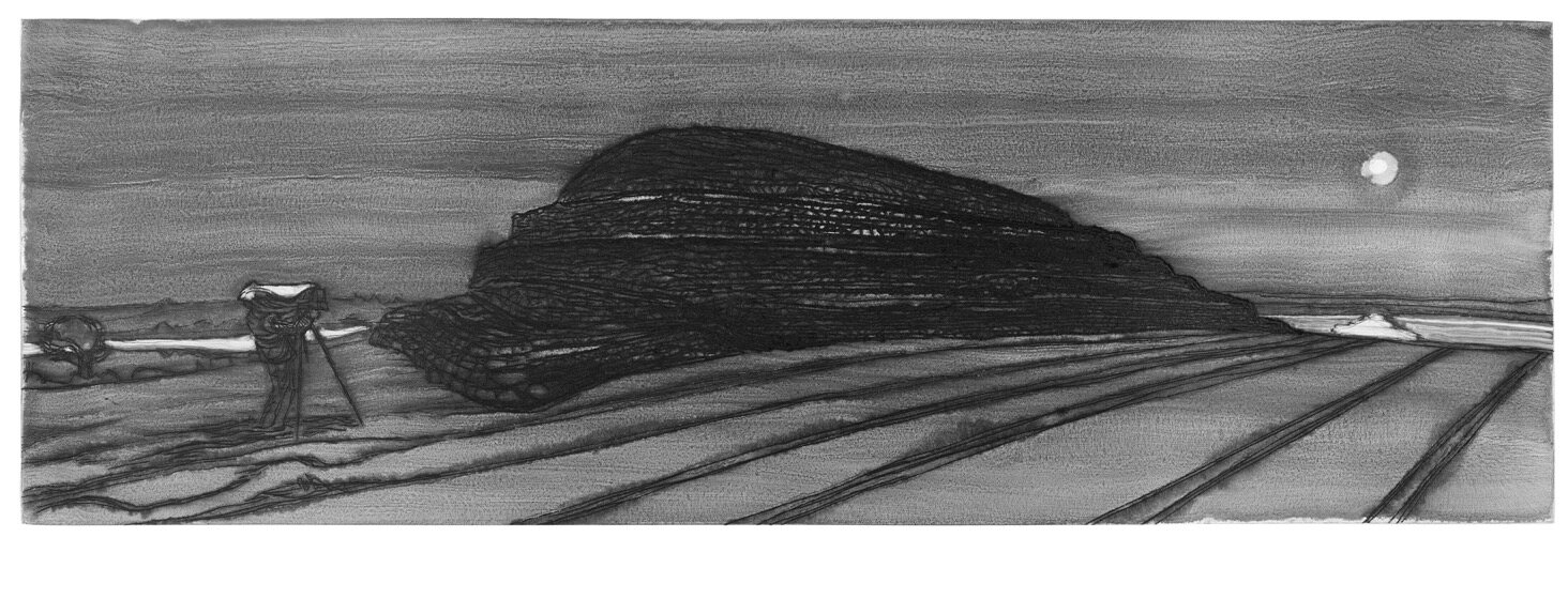 Barnenez planche 33 - Le Photographe sous la lune, 2014, eau-forte, et monotype, 20 X 60 cm