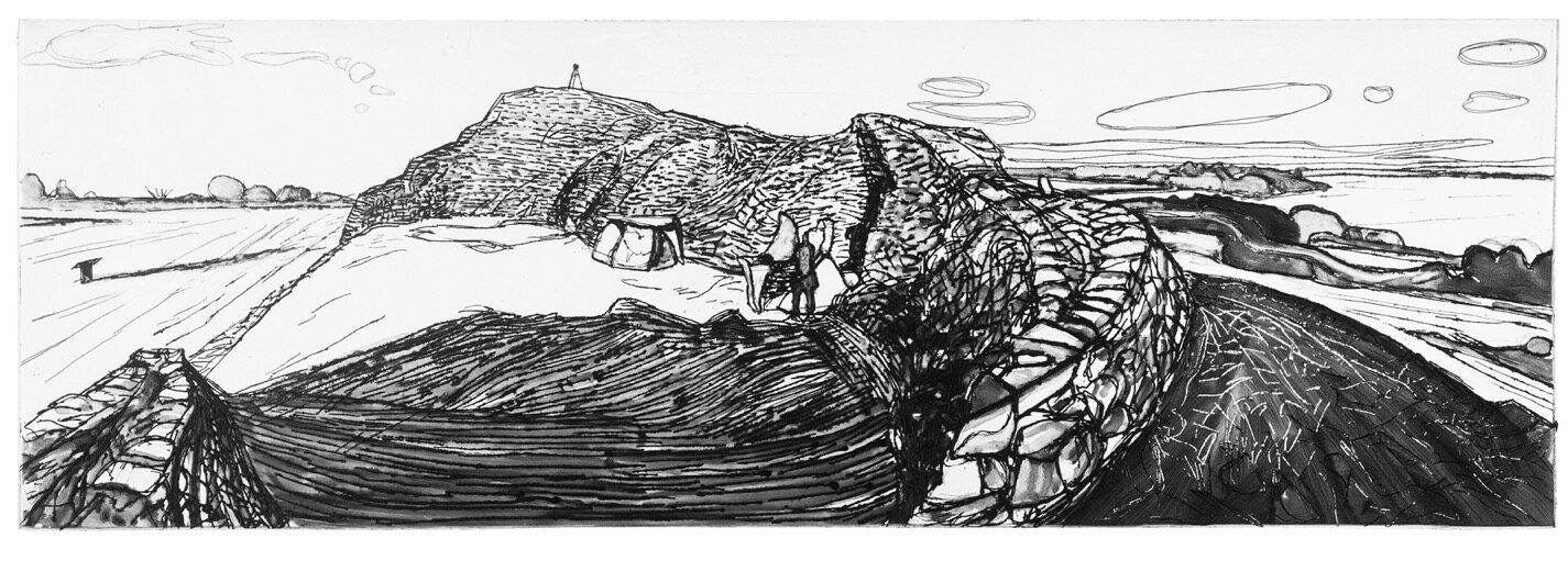 Barnenez planche 28, 2014, eau-forte, et monotype, 20 X 60 cm