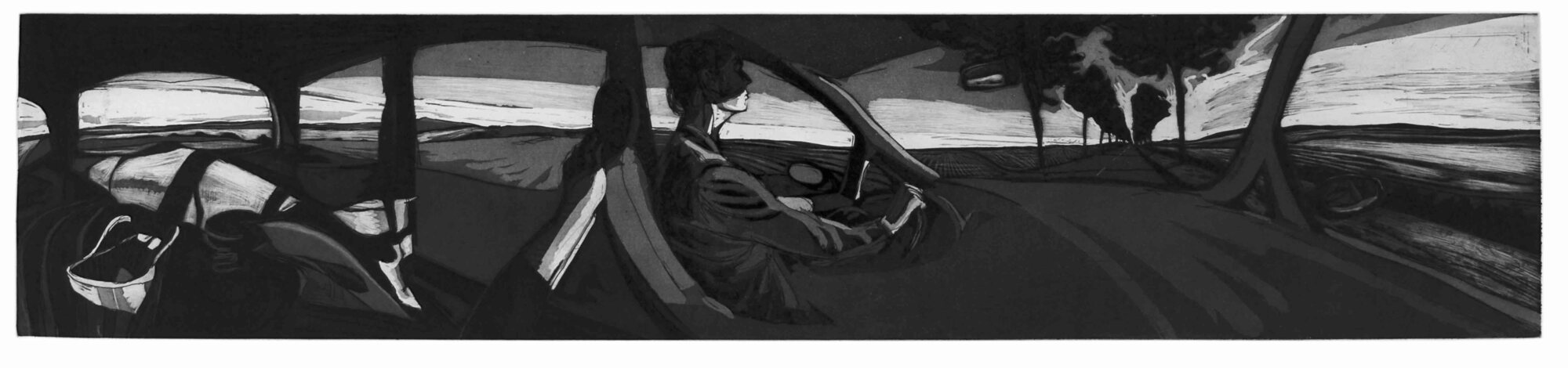 La Route d'Aillant, série en voiture, 2002-2007, eau-forte, 30 X 130 cm