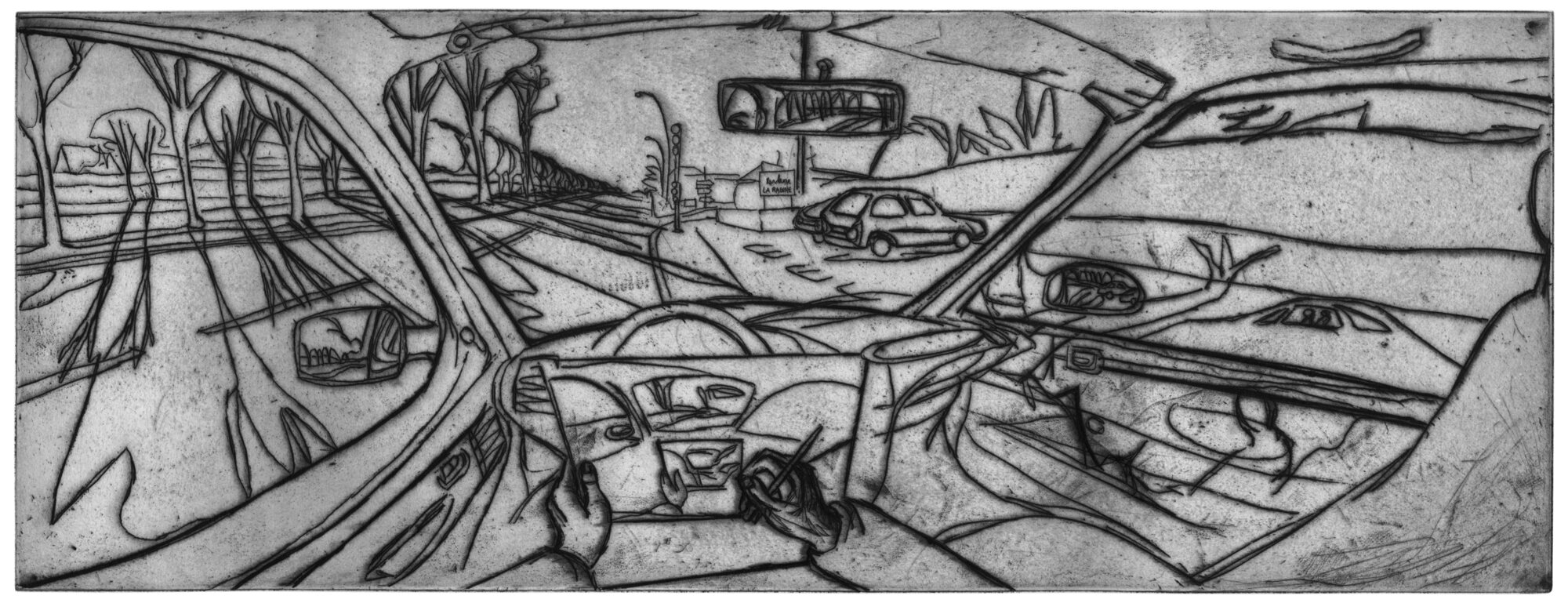 La Rabine, série En Voiture, 2001, 1er état, 1ère version., eau-forte au trait 30 X 80 cm