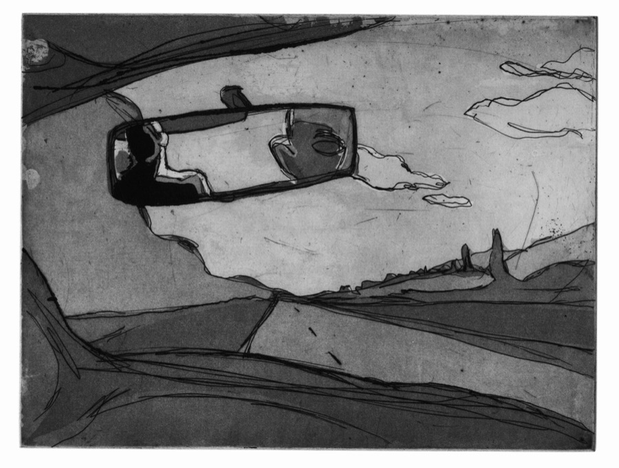 Rétro-nuage.2001, série En Voiture, eau-forte, 25 x 33 cm