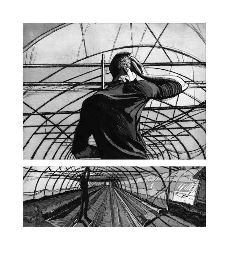 Romain Gléran, maraîcher en agriculture biologique, Saint Jean du doigt, Série "Figures du Littoral", 2016-2017, eau-forte et pointe sèche, en 2 plaques, 40 x 60 cm le portrait , 20 x 60 cm la prédelle