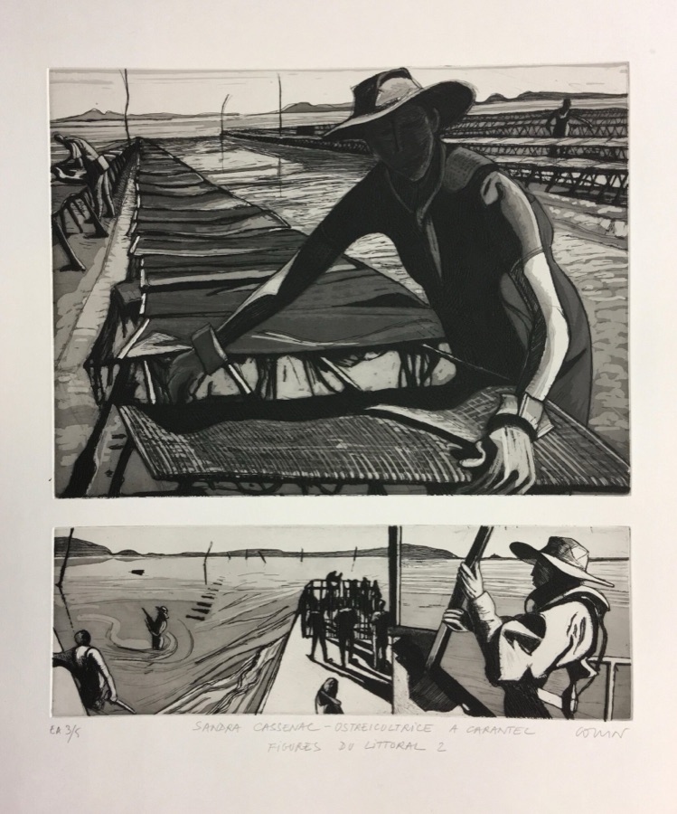 Sandra Cassenac, Ostréicultrice à Carantec - Figures du Littoral planche 2, 2016-2017, eau-forte et pointe sèche, 30 x 40 cm le portrait, 13,3 x 20 cm la prédelle