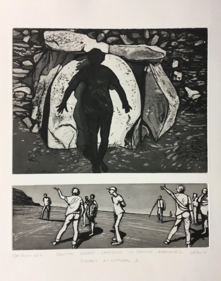 Brigitte Salaün, gardienne du temple, au cairn de Barnenez - Figures du Littoral planche 3, 2016-2017, eau-forte et pointe sèche, 30 x 40 cm le portrait, 13,3 x 40 cm la prédelle