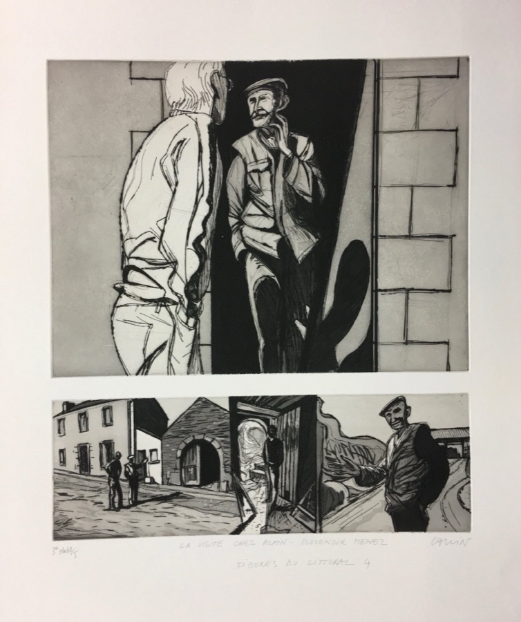 Alain Le Goff ou la visite chez Alain - agriculteur à la retraite dans les Monts d'Arrée - Figures du Littoral planche 4, 2016-2017, eau-forte et pointe sèche, 30 x 40 cm le portrait, 13,3 x 40 cm la prédelle
