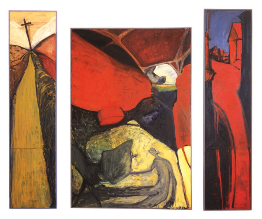 Triptyque rouge, 1988-1989, huile sur toile, 200 x 50 cm, 195 x 130 cm, 200 x 50 cm