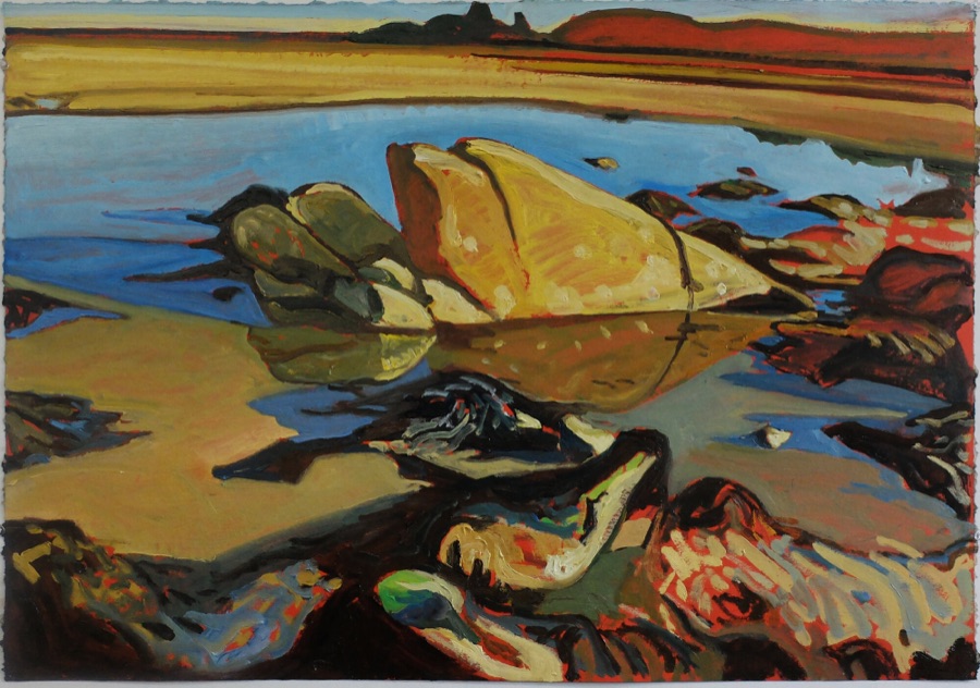 Men du - Rocher Double II, version rouge, 2015, huile sur papier marouflée sur bois, 63 x 90 cm