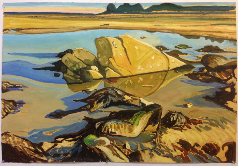 Men du - Rocher Double II, version jaune, 2015, huile sur papier marouflée sur bois, 63 x 90 cm