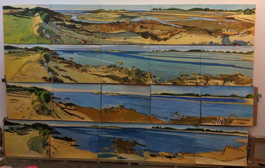 Men du - marée haute à marée basse - version été, en cours à l'atelier, 200 X 325 cm, huite sur papier marouflée sur bois