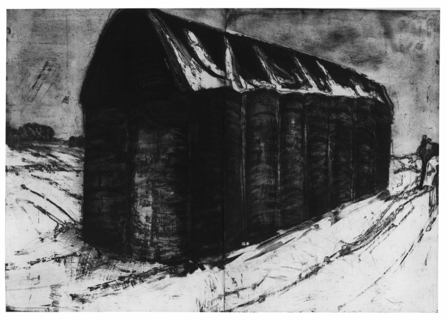 Paysages d'hiver, les meules I, 1987, eau-forte et pointe sèche, 140 x 200 cm