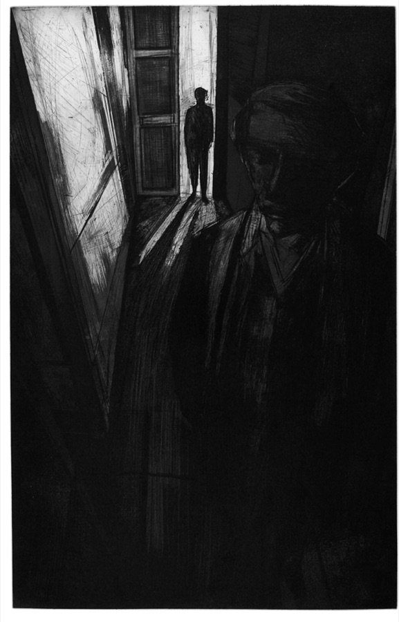 Gérard et Corinne dans le couloir à Barcelone, 1983, eau-forte et pointe sèche, 110 x 70 cm