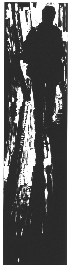 Personnage dans le couloir, 1985, bois gravé, 122 x 30 cm