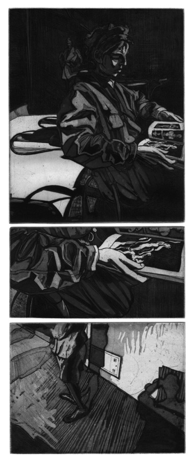 Corinne à Florence I, Le Laocoon, triptyque, 1988, eaux-fortes, trois plaques, 24 x 20 cm, 10 x 20 cm et 15 x 20 cm