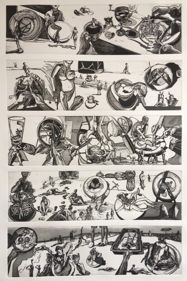 Recettes estivales, 2005-2008, eaux-fortes, tirage en assemblage, eau-fortes, cinq plaques de 20 x 70 cm sur une feuille de 130 x 90 cm. édition à 6 exemplaires
