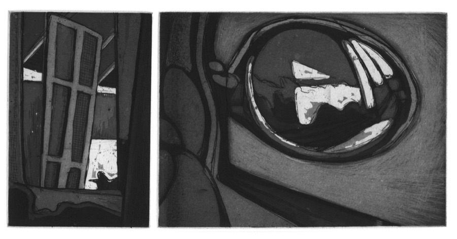 Strabisme planche I du livre 2004, eau-forte, deux plaques, 15 x 10 et 15 x 20 cm